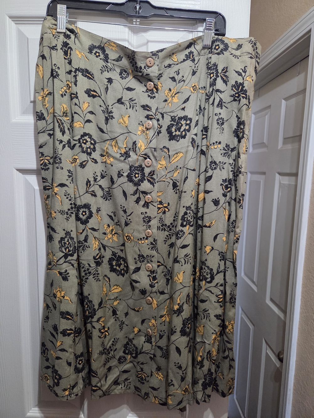 Sag Harbor Olive Green Midi Skirt with Mustard and Black Floral Print